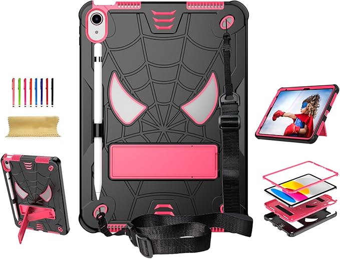 Dteck for iPad Air (3rd Generation) 2019/iPad Pro (2017 Release) Hard Case 10.5" with Kickstand, Shoulder Strap/Screen Protector Film/Stylus Included, Shockproof Cute Spider Kid's Cover, Black/Rose