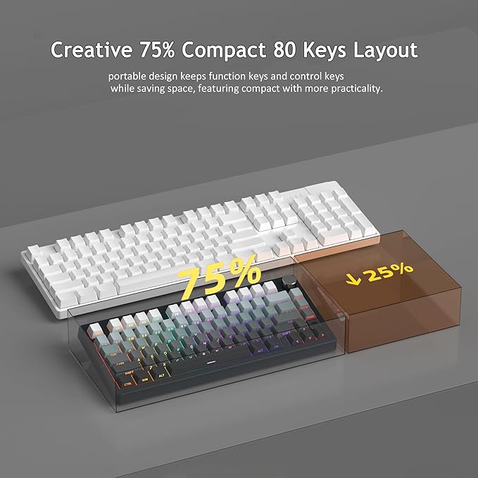 MageGee LIGHT75 Wireless Creamy Keyboard, Tri-Mode Bluetooth/2.4GHz/USB-C RGB Backlit, Gasket Hot Swappable Custom Gaming Keyboard for Win/Mac/PC, with Knob, Side Printed PBT Keycaps, Black