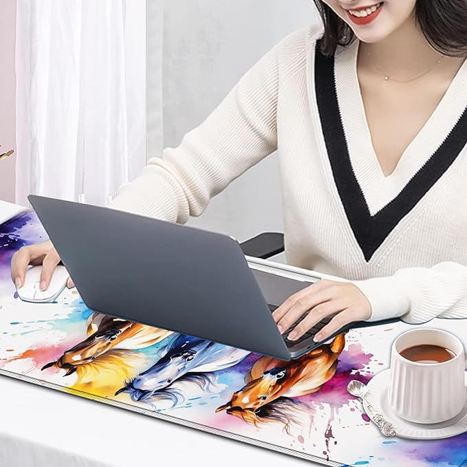 Large Mouse Pad, 31.5 x 11.8in Extended Gaming Mouse Pad with Stitched Edges, XXL Mousepad Protector Non Slip Rubber Base for Office & Home Writing Mat, Watercolor Horse Running Pattern White Desk Mat