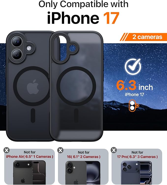 Magnetic for iPhone 17 Case,[Anti-Slip][Compatible with MagSafe][Military Grade Drop Protection] Shockproof Protective Translucent Matte Phone Case for iPhone 17 Case,Black