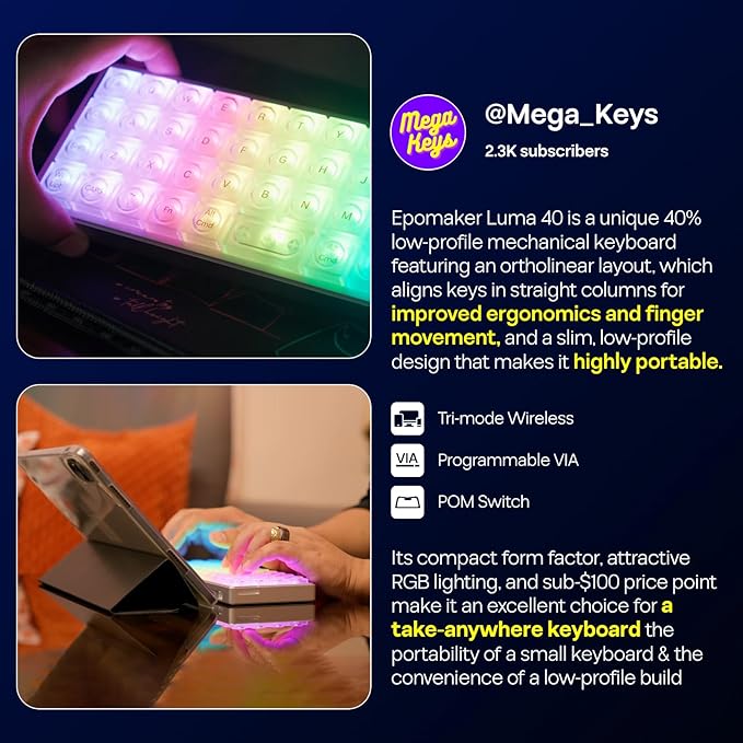 EPOMAKER Luma40 Low Profile Mechanical Keyboard with QMK/VIA & CNC Metal, Transparent PC Keycap, Hot-Swap, Kailh Linear Switch, 2.4Ghz/BT/USB, 40% Wireless Gaming Keyboard for Mac/Win