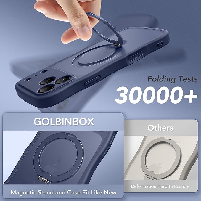GolbinBox for iPhone 17 Pro Case for Women,[Compatible with Magsafe][360° Spin Magnetic Stand][Cute Wave Edge][Military-Grade Protection] Translucent Matte Phone Case for iPhone 17 Pro, Deep Blue