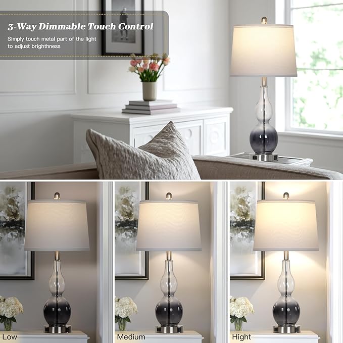 Rinweey 27.5" Gradual Gray Clear Glass Table Lamp Set of 2,3-Way Dimmable Touch Control Bedside Lamps with USB Ports and AC Outlet, Modern Nightstand Lamps for Bedroom Living Room