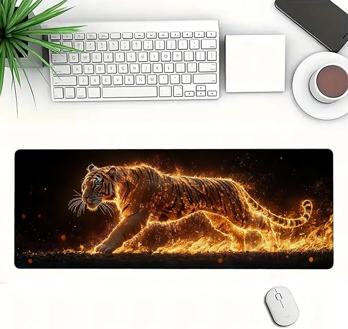 Tiger Mouse Pad Large Fire Running Animal Wildlife Mousepad XL Large Gaming Mouse Pad Laptop Keyboard Mat Desk Pad Great for Work-from-Home or Office Use 31.5x11.8 Inch