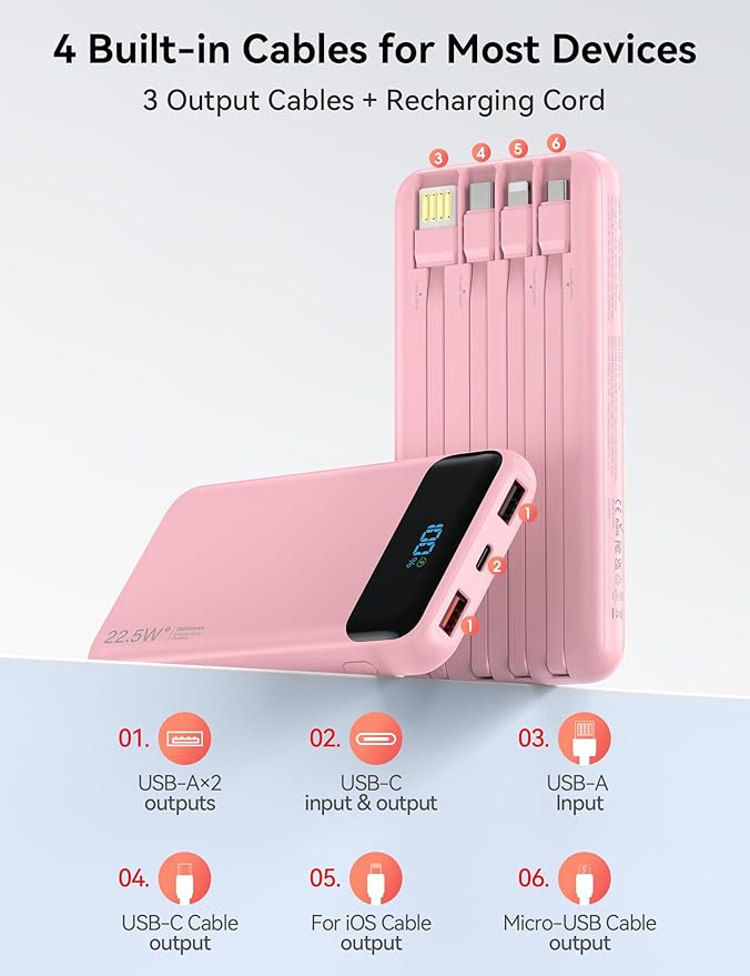 Portable Charger, 10000mAh 22.5W Fast Charging Power Bank with 4 Built-in Cables, Travel Essentials Battery Pack with LED Display, 6 Outputs Charging Bank Compatible with iPhone, iPad, Samsung Pink