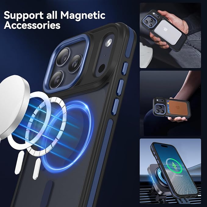 YINLAI Case for iPhone 17 Pro Max, Magnetic Case Compatible with Magsafe Supports Wireless Charging Slim Translucent Matte Shockproof Protective Back Phone Cover 6.9 Inch, Black/Blue