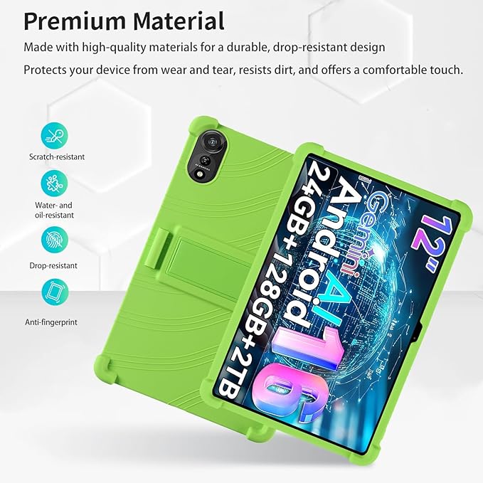 for Nexall N90 Tablet Case 12Inch, Shockproof Four Corner Airbag Protection,Soft Silicone Edge Cover with Built-in Stand,Heavy Duty Protective Sleeve for Nexall N90,Green