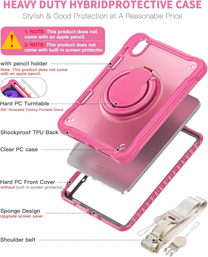 BRAECN for iPad (a17 pro) Mini 7/Mini 6 Case 2024/2021 8.3 inch with Pencil Holder Protective Clear Ring Handle 360 Rotating Stand Shockproof Dropproof Rugged Carrying Shoulder Strap Kids Friendly