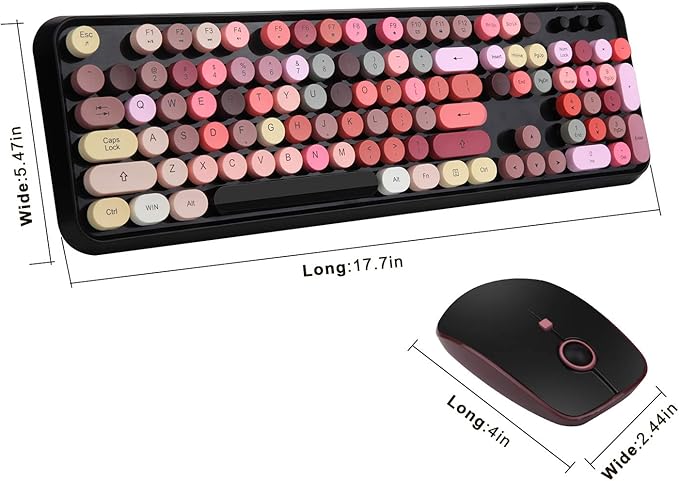 Colorful Keyboard and Mouse Wireless, Retro Lipstick Typewriter Style Keyboard with 104 Round Keys, 2.4Ghz Cute Aesthetic Cool Full Size Keyboard with Number Pad for PC Laptop Desktop Computer-Black