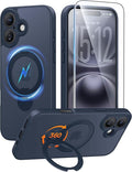 FNTCASE for iPhone 16 Plus Case: [360 Spin Magnetic Stand] [Compatible with Magsafe] [Screen Protector] Translucent Matte Military Grade Shockproof Full Camera Protective Phone Cover - Deep Blue
