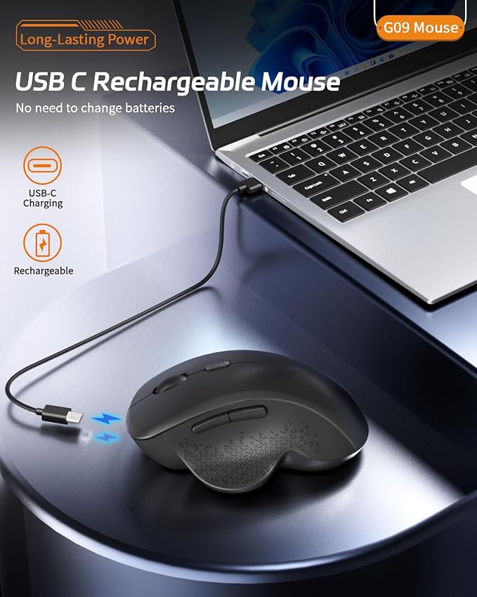 Uiosmuph G09 Bluetooth Wireless Mouse, BT5.1 & 2.4Ghz Rechargeable Computer Mouse with USB Receiver and Type C Adapter, Ergonomic Bluetooth Mice for Laptop, iPad, Mac - Black