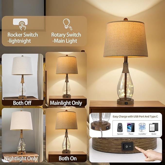 OYEARS 23" USB A+C Table Lamps for Bedroom Living Room Modern Bedside Lamps Retro Farmhouse Rattan Glass Nightstand Nightlight Lamps,Two Light Points