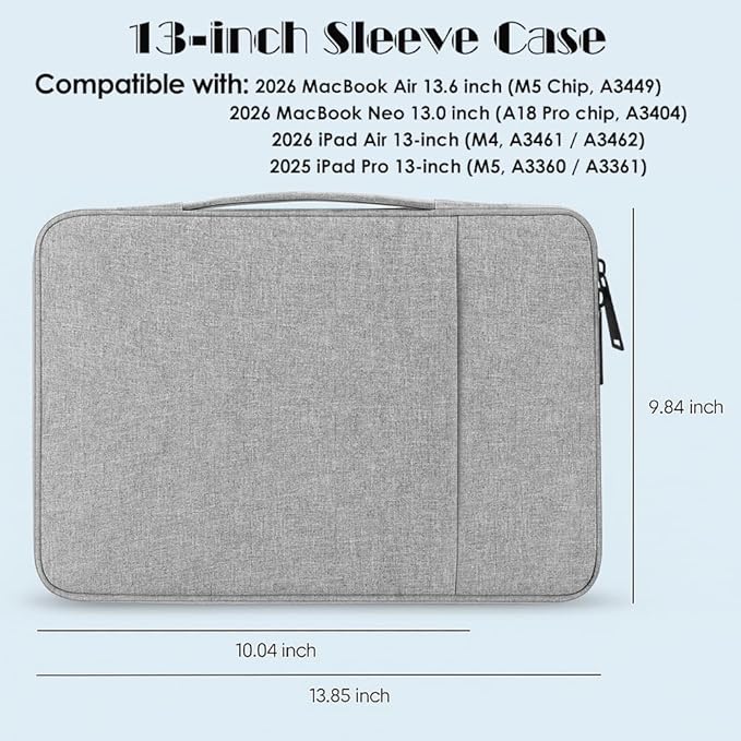 ProElife 13-Inch Laptop Sleeve Case for 2026-2024 MacBook Air 13.6 inch M5/M4 Chip & MacBook Neo 13'' A18 Pro/iPad Pro M5 13-inch Accessory Traveling Water-Resistant Bag Portable Carrying Case (Gray)