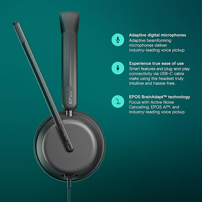 EPOS Impact 860 ANC Double-Sided Wired Headset with Active Noise Cancellation, USB C & USB A, Lightweight, Comfortable Fit, Microsoft Teams & Zoom Compatible for Office Work, Black