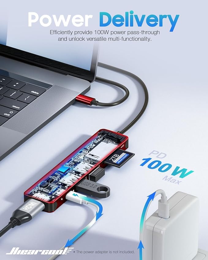 Hiearcool USB C Hub, USB-C to HDMI Multi-Port Adapter for MacBook Pro/Air, 7-in-1 USBC Dongle with 4K HDMI 100W Power Delivery SD/TF Card Reader Type-C Dock for Dell HP Lenovo Laptops-Dark Red