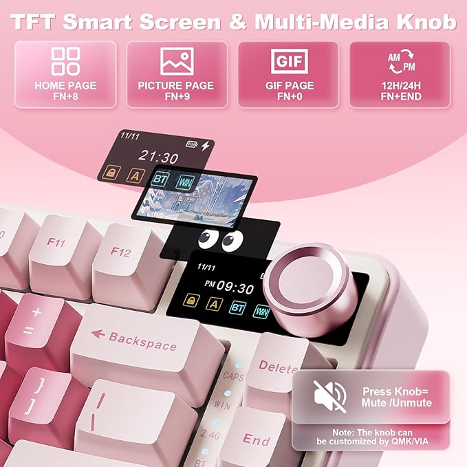 YUNZII B75 PRO MAX QMK/VIA Wireless Mechanical Keyboard,75% Layout with Screen and Knob,Custom Hot Swap Gasket,Creamy Pre-lubed Switches,Bluetooth/Type-C/2.4G for Win/Mac (Pink Heart,Milk V2 Switch)
