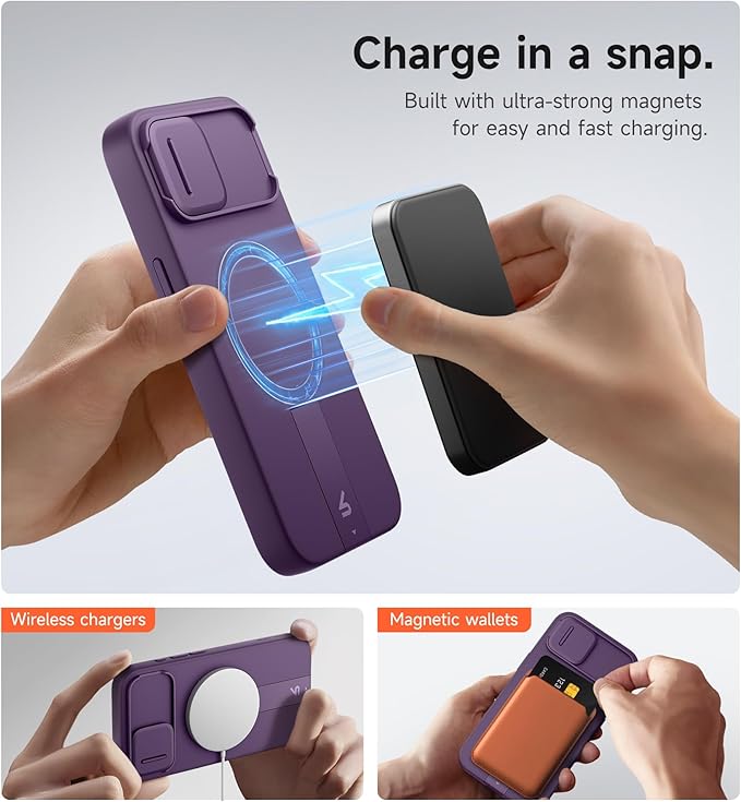 SURITCH for iPhone 17e/16e Case with Magnetic Camera Slide Cover and Adjustable Kickstand, Compatible with MagSafe, Shockproof Bumper Case Slim Protective Cover 6.1 Inch,Dark Purple