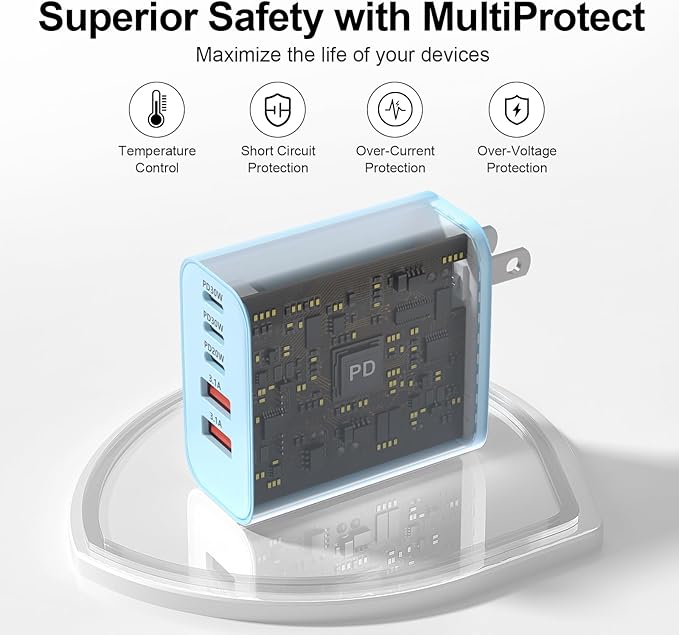 USB C Charger Block, 60W 5-Port Type C Charger Fast Charging Block, USBC USB Multiple Port Wall Charger Plug Adapter for iPhone 17/Air/16/15/14/13/12/11 Pro Max, Samsung Galaxy, iPad, Tablet (Blue)