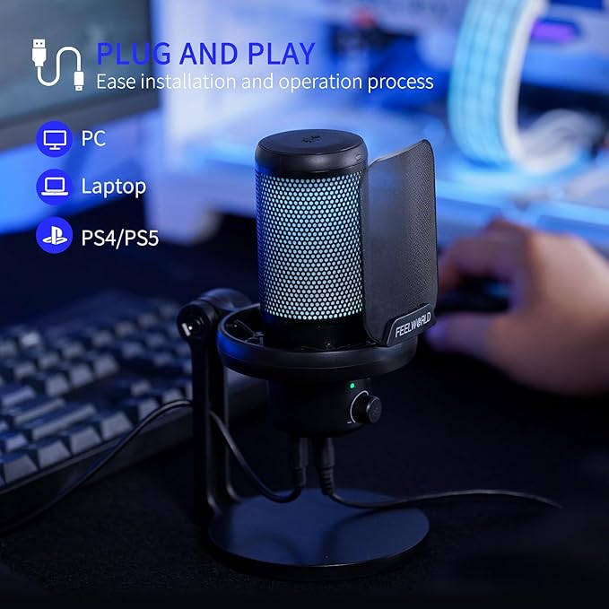 FEELWORLD VM1 Gaming PC USB Microphone Condenser Mic with Noise Cancellation Mute RGB Light, Computer Accessories Gifts for Gamer YouTube Twitch Podcast Streaming Recording Online Chat PS4 PS5