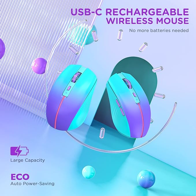 RAPIQUE Bluetooth Wireless Mouse, Rechargeable Slient Multi-Device Computer Mice (Tri-Mode: BT1/2+2.4Ghz) with USB Receiver, Ergonomic Cordless Mouse for Laptop/MacBook/PC/iPad(Mint Green to Purple)