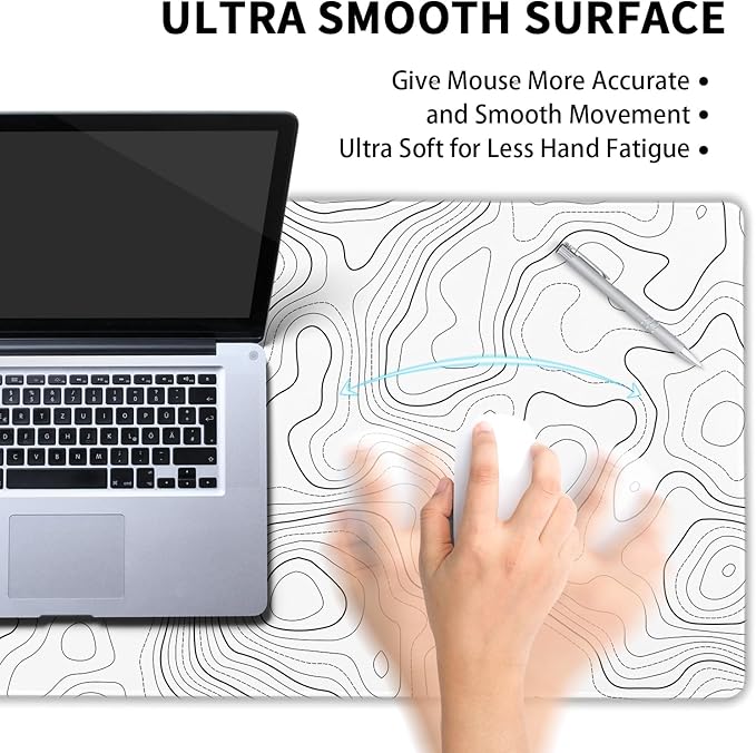 Topographic Map Mouse Pad Large White Lines Contour Geographic Extended Desk Mat 60x35 CM Non-Slip Rubber Base Stitched Edge Long Mousepad, 24x14 Inch