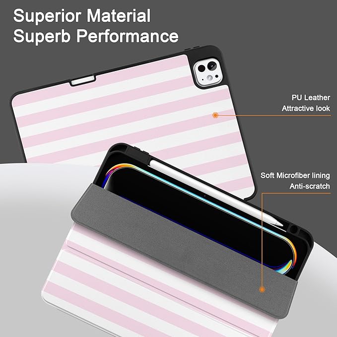 DONGKE Case for iPad Pro 11 inch (M5 2025 / M4 2024, 6th & 5th Generation) – [Built-in Pencil Holder] Ultra Slim PU Leather Trifold Stand Cover with Soft TPU Back, Auto Wake/Sleep, Pink Stripes