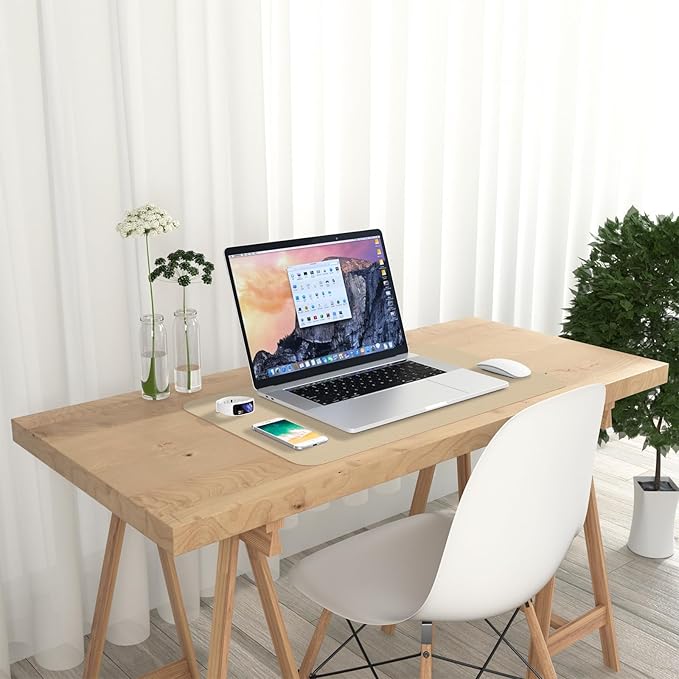 Hsurbtra Desk Pad, 23.6" x 13.8" PU Leather Desk Mat, M Extended Mouse Pad, Waterproof Desktop Blotter Protector, Non-Slip Ultra Thin Small Laptop Keyboard Writing Mat for Office Home, Beige
