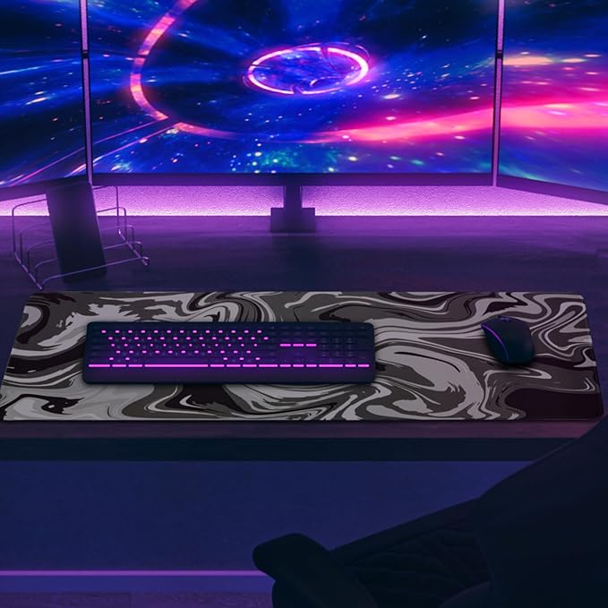Mouse Pad Gaming Mousepad, 31.5 x 11.8in Large Desk Mat Keyboard Pads Extend Long XL Mouse Mat with Non-Slip Base Desk Accessories for Home Office Keyboard Mouse (Black Gray Fluid)