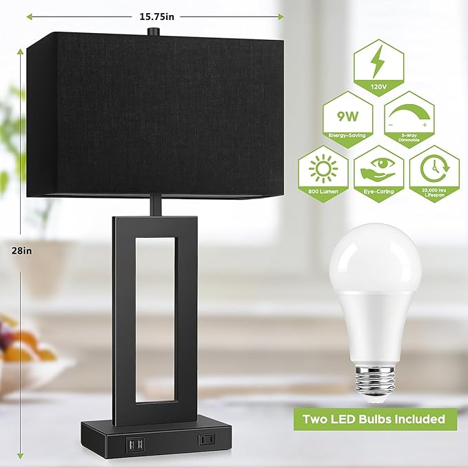 TOBUSA 28’’ Tall Black Lamps for Living Rooms Set of 2, Modern Touch Control Table Lamps for Bedroom, 3 Way Dimmable Bedside Lamps with 2 USB Ports&AC Outlet, High-end Decor Lamp for Home Office