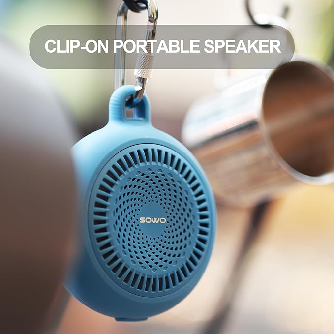 SOWO Shower Bluetooth Speaker Waterproof - Small Portable Wireless Clip Speaker with Louder Volume and Powerful Bass - Colorful Lights and 10H Playtime - Lightweight for Camping,Kayak,Boat - Blue