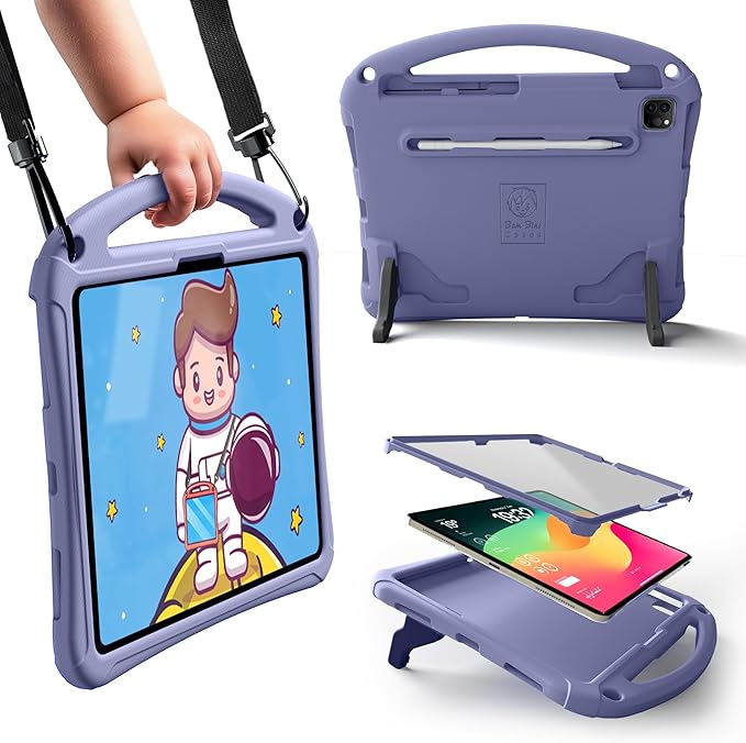 Bam Bino Space Suit, iPad Air 11 Inch Case Kids(M2/M3/M4), iPad Pro 11inch(M4/M5), iPad A16(11thGen), iPad 10thGeneration, Built-in Screen Protector, Handle, Kick Stand, Shoulder Strap (Nebula Violet)