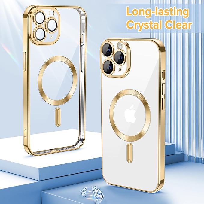 Hython Magnetic Clear for iPhone 11 Pro Case with Camera Lens Protector [Compatible with MagSafe] Luxury Plating Edge Slim Soft TPU Cover Protective Phone Case for iPhone 11 Pro 5.8", Gold