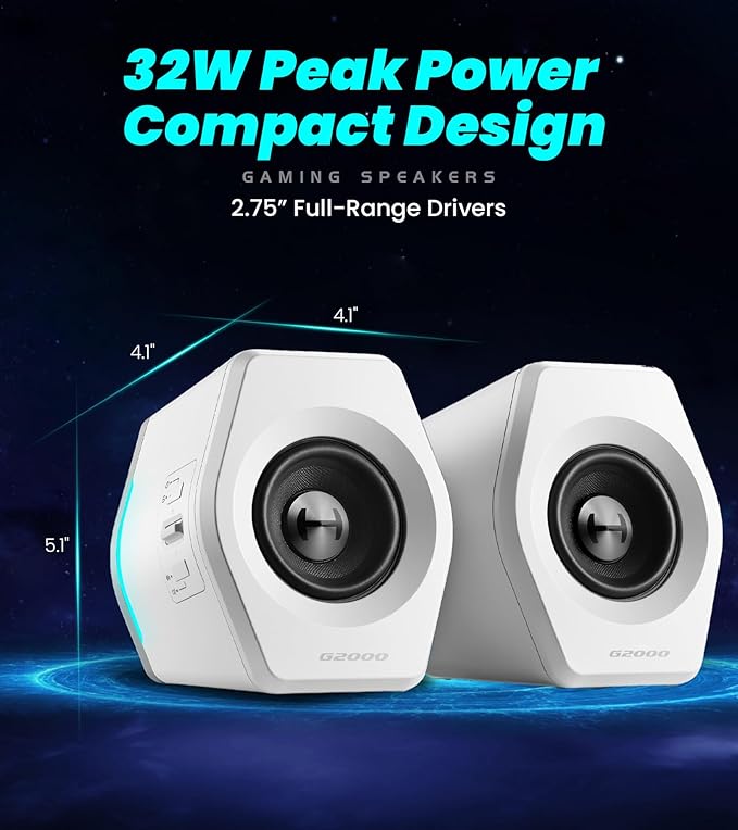 Edifier Hecate RGB Gaming Speakers, 32W Peak Power, Bluetooth 5.1, Game/Movie/Music Modes, 12 RGB Lighting Effects, Compact Design for PC/PS4/Desktop - White