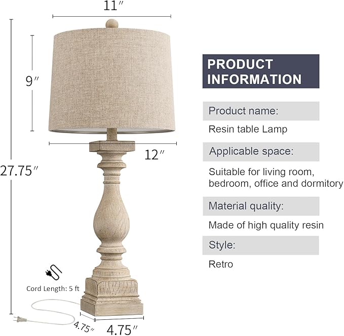 BOBOMOMO Retro 27" USB Charging Ports A/C Wash-White Farmhouse Lamps for Bedrooms Side Table Lamps Bedside Lamp for Nightstand Living Room 1 Pack (Blubs not Included)