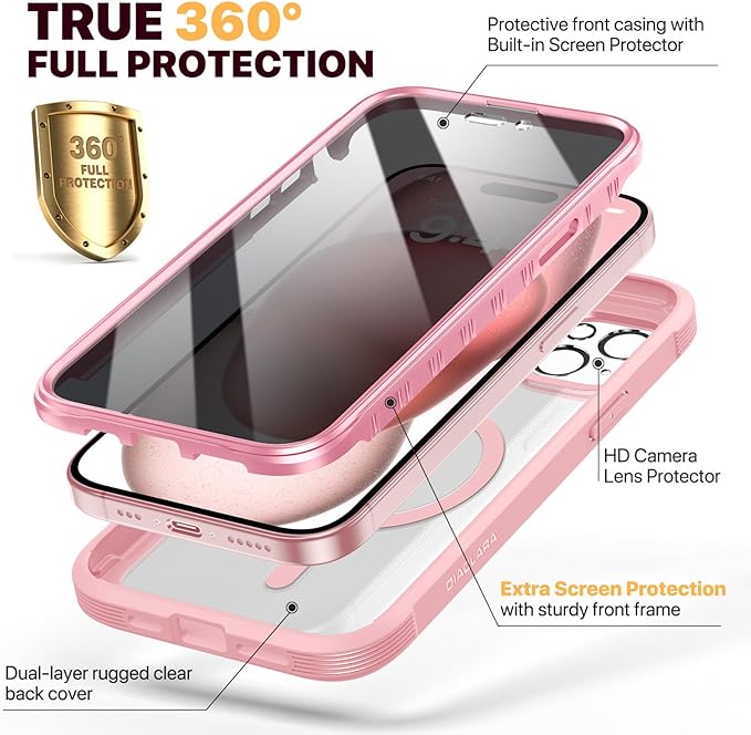 Diaclara Magnetic Designed for iPhone 15 Plus Case, Full Body Rugged Case with Built-in Privacy Touch Sensitive Anti-Scratch Screen Protector, with Camera Lens Protector (Coral Pink)