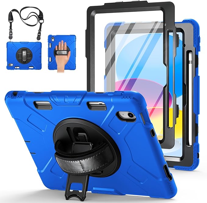 Case for iPad (A16) 11th/10th Generation Case: Protective Cover for iPad 11th Gen 11 Inch 2025 &10th Gen 10.9" 2022 with Screen Protector- Stand- Shoulder Strap- Handle- Pencil Holder-Black+Blue