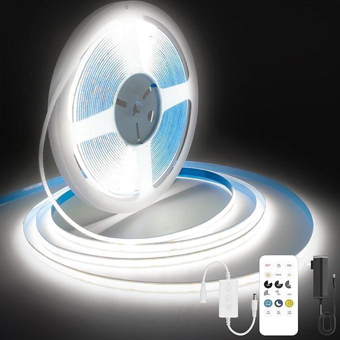 Pandery COB LED Strip Lights Cool White,24V Dimmable led Light Strip KIT with Remote and app Control,6000K 25FT/7.5m 8mmwide Ra>90 Cuttable Flexible Strip Lights for Bedroom,Wardrobe,Cabinet