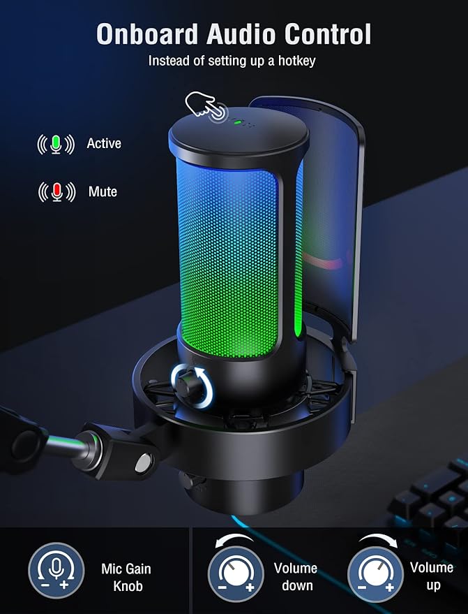 FIFINE Gaming USB Microphone, PC Computer Mic with 4 Polar Patterns for Podcast Streaming Recording YouTube, RGB Condenser Desktop Mic for Windows, Mac, with Headphone Jack-AmpliGame A8 Plus