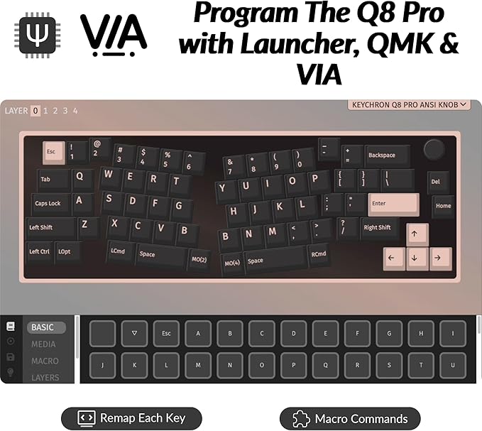 Keychron Q8 Pro QMK/VIA Programmable Custom Mechanical Keyboard, Wireless Bluetooth/Wired, 65% Alice Layout Ergonomic, Hot-Swappable, RGB Backlit Aluminum for Mac Windows Linux-Barebone Version