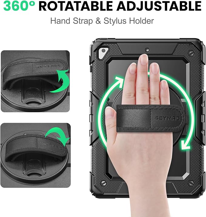 SEYMAC Case for iPad 6th/5th Generation 9.7 Inch, Full-Body Shockproof Heavy Duty Protective Case with Screen Protector, Rotating Stand/Hand/Shoulder Strap for iPad Air 2/ Pro 9.7, Black