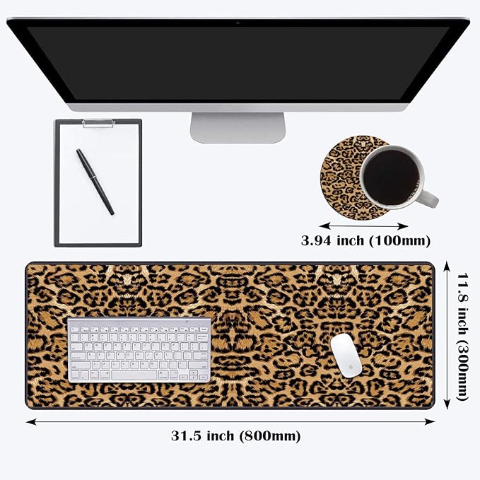 Desk Pad Mat Gaming Mouse Pads with Coasters Set, Stitched Edges Design Mouse Pad XXL Large Mouse Pad for Laptop Computers Leopard Print Desk Writing Mat for Office & Home 31.5"x 11.8"