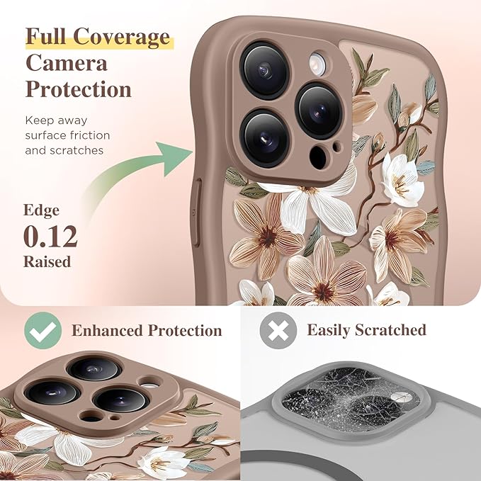 GVIEWIN for iPhone 15 Pro Case Compatible with MagSafe [Curly Wave Edge][Full Camera Protection] Floral Translucent Shockproof Magnetic Women Phone Case for iPhone 15 Pro 6.1'', Dogwood/Brown