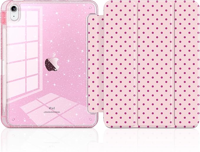 DONGKE for iPad Pro 11 inch Case – Fits M5 2025 / M4 2024, Shockproof Sparkling Glitter Acrylic Back, Pencil Holder, Trifold Stand, Auto Sleep/Wake & Touch ID Support - Pink Polka Dot