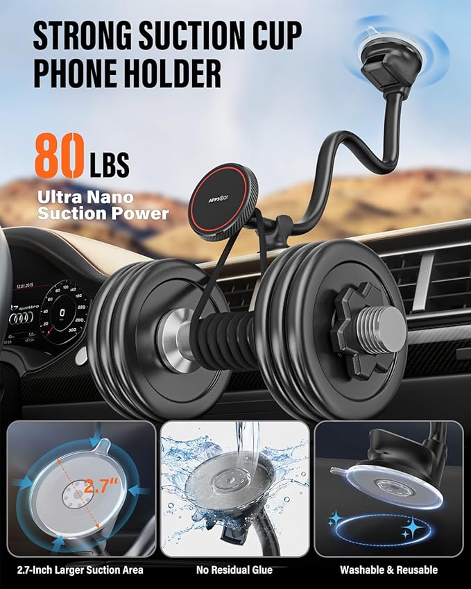 APPS2Car for MagSafe Car Mount Magnetic Phone Holder Upgraded 14-Inch Long Arm Suction Cup Windshield Mount fits iPhone 17 Pro Max Plus 16 15 14 13 12 Mini