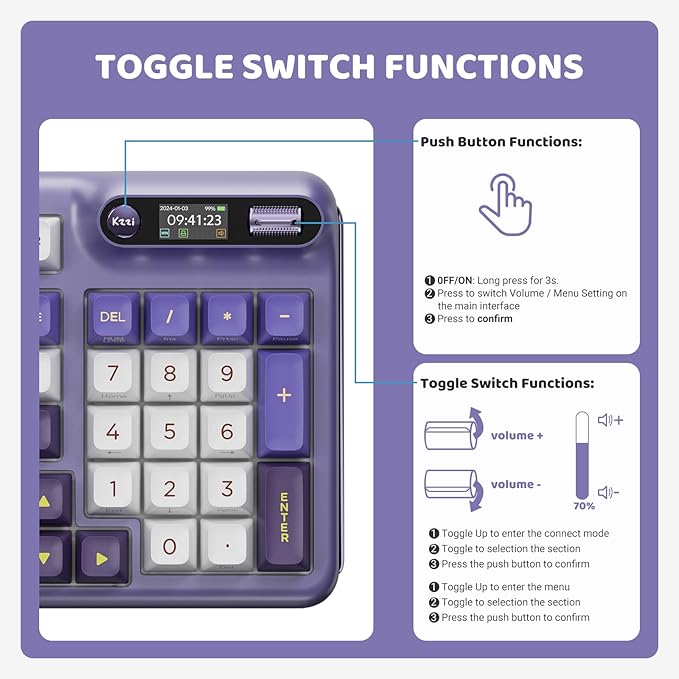 KZZI Z98 Wireless Mechanical Keyboard, Smart Display & Knob, BT5.0/2.4GHz/USB-C, Hot Swappable Custom Keyboard, Pre-lubed Linear Switches, Gasket Mount, RGB Creamy Gaming Keyboard
