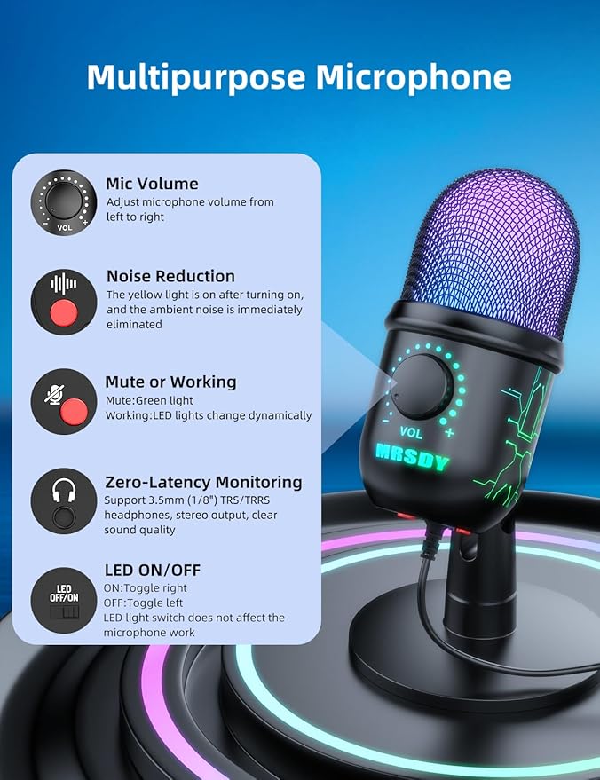 MRSDY Gaming Microphone, USB Computer Microphone for PC, Mac, PS4/5, Condenser Podcast Mic for Studio Recording, YouTube, Streaming, with Headphone Jack, Led Light, Mute, Gain, Noise Cancellation