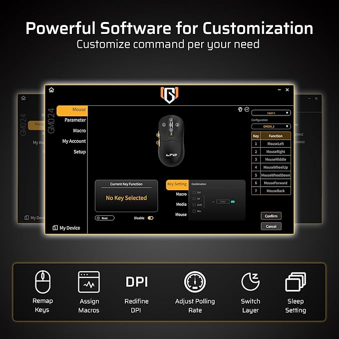 LTC GM024 Tri-Mode Wireless Gaming Mouse, 59g Ultra-Light Ergonomic Gaming Mouse 2.4Ghz/BT/Wired, 6-Level DPI 8000 Max, 1000Hz, 5 Programmable Buttons, Pro Software