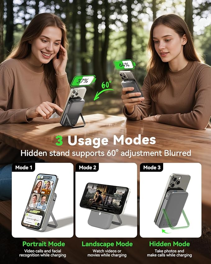 Magnetic Power Bank 10000mAh with for MagSafe Charging,PD 22.5W Fast Charge,Foldable Stand,Dual USB Output,LED Display (Space Gray)