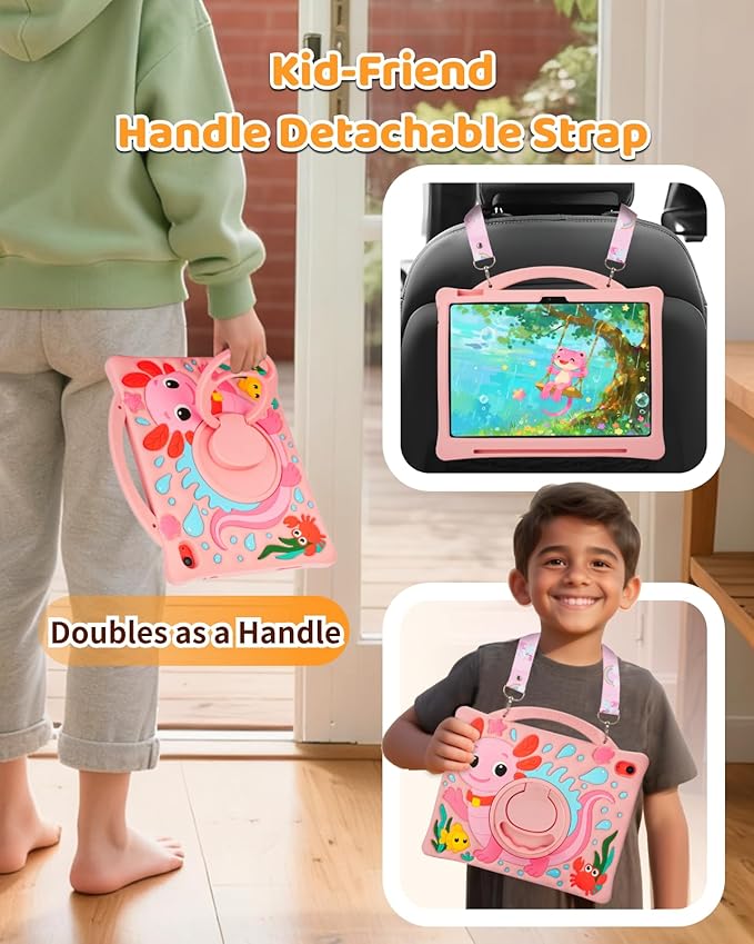 Kids Case for iPad Air 11 Inch 6th (M2 M3) / iPad Pro 11" 4th/3rd/2nd/1st / iPad Air 5/4 10.9", Axolotl Cute Silicone Cover with 360 Rotating Stand, Detachable Strap & Stylus Holder (Pink)