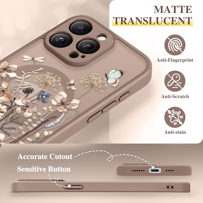 GVIEWIN for iPhone 15 Pro Max Case Compatible with MagSafe, [Military Grade Protection] [Screen Protector] Full Camera Protection Floral Translucent Women Magnetic Phone Case, Autumnflit/Brown